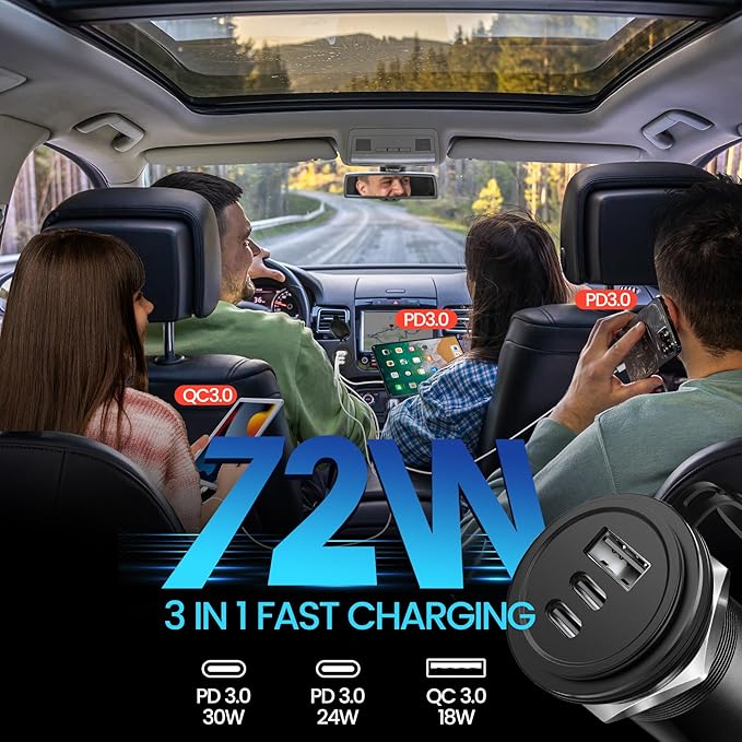 72W 3 Port 12V USB Outlet, Dual PD3.0 Type-C & QC3.0 Aluminum Car Charger, Multi Port USB Power Socket Cigarette Lighter Replacement for RV Camper Truck Boat Golf Cart (2Pcs)