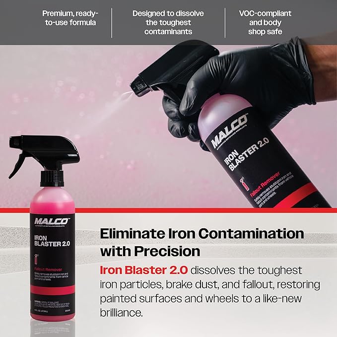 Malco Iron Blaster Fallout Remover - Dissolves Contaminants from Vehicles Such as Rail Dust, Industrial Fallout and Iron Deposits/Restores Paint to a Bright Finish / 16 Oz. (263016)