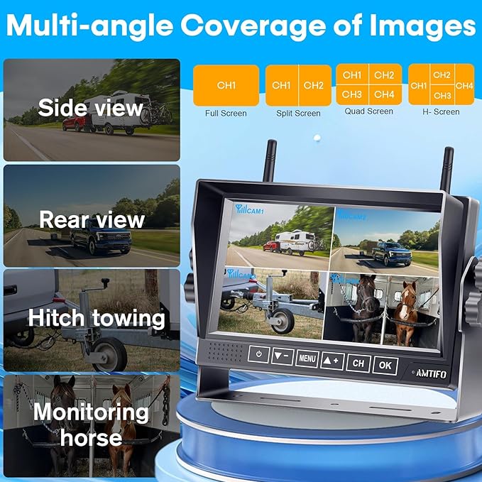 AMTIFO Wireless RV Backup Camera: 1080P HD Rear View Camera with 7″ DVR Split-Screen Monitor,170° Wide-Angle Lens, IR Night Vision, Waterproof IP69, Plug & Play for Furrion Pre-Wired RVs