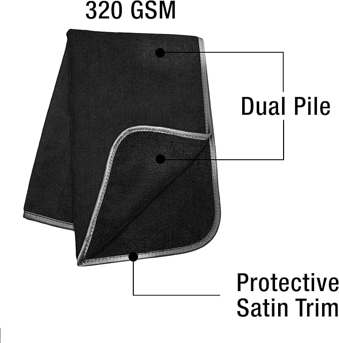 Detailer's Preference Large 320 GSM Microfiber Towels for Car Detailing, Washing, Drying, Ultra Soft Terry Weave, Scratch-Free, Lint-Free, Multi-Surface, Reusable, 16x24 Inch, 12-Pack, Black