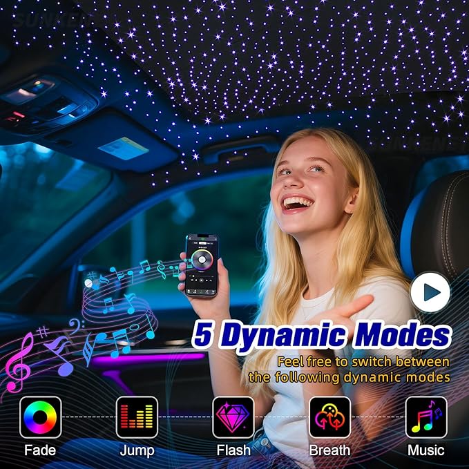 6W Mini Size Twinkle 575pcs of (0.03+0.04+0.06in)*13.1ft Starlight Headliner Kit, Star Lights for Car with Bluetooth APP/Remote Control/Music Effect, RGBW Fiber Optic Lights for Home Ceiling