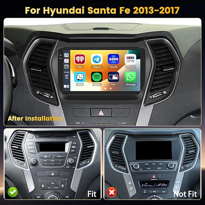 4+64GB Android 15 Car Stereo for Hyundai Santa Fe 2013-2017 Wireless Carplay Android Auto, 9 Inch Incell Touch Screen Car Stereo with GPS, Backup Camera, Bluetooth, FM/RDS, EQ, WiFi, SWC