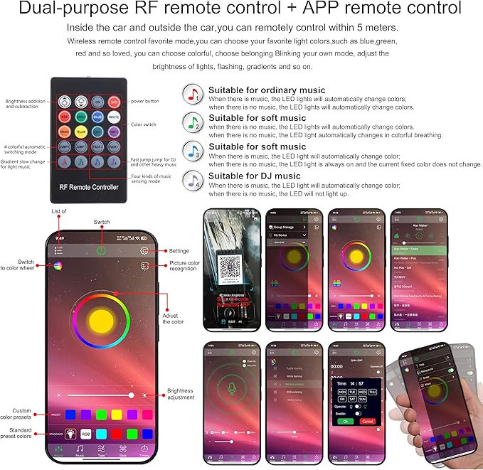 4 m Optic Fiber Car Ambient Lighting Kit Bluetooth App Control + RF Remote Control 64 Colors Multicoloured Music Interior Lighting Kit 12V 1W