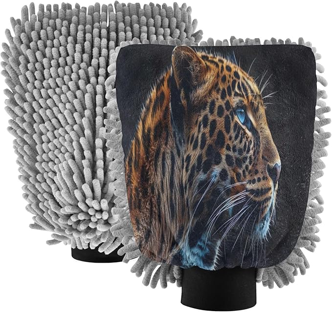 YETTASBIN Leopard 2PCS Car Wash Mitts, Ultra Absorbent Chenille Microfiber Car Washing Gloves, Scratch-Free Lint-Free Auto Cleaning Mitt, Machine Washable Elastic Cuff Car Wash Sponge