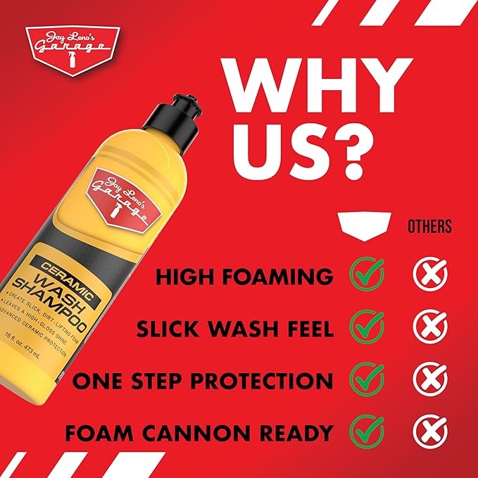 Jay Leno's Garage Ceramic Wash Shampoo Car Wash Soap with SiO2 Ceramic Protection High Foaming Gloss Enhancer Water Beading for Coated and Non Coated Vehicles (16 OZ)