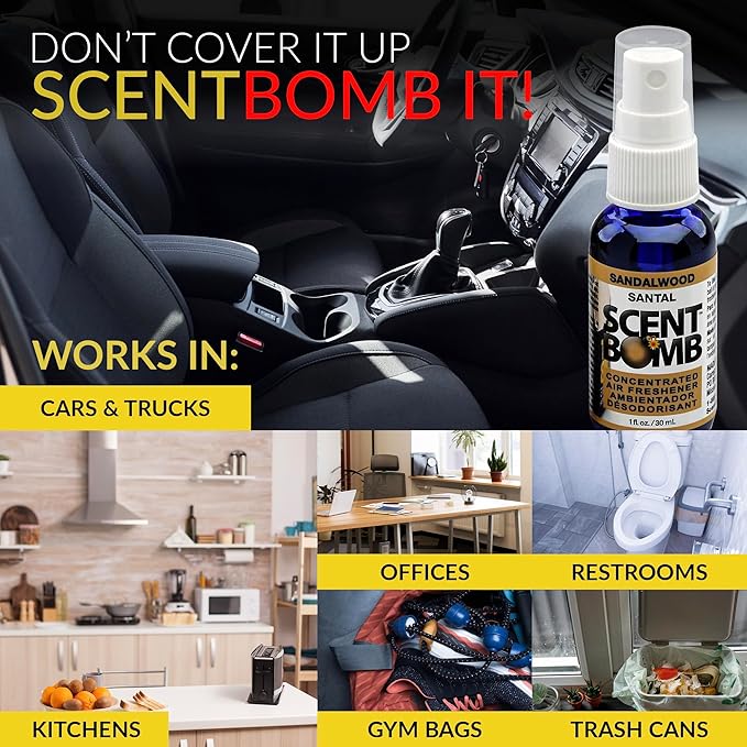 Scent Bomb Air Freshener Spray, Long-Lasting Odor Eliminator - Effective Deodorizer for Home & Car, Fresh Room Spray for Kitchen, Bathroom & Smell Neutralizer - 1 oz Pack of 4, Sandalwood Scent