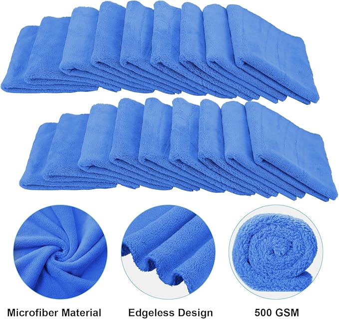 Shimeyao 30 Pcs Edgeless Microfiber Plush Towels for Cars Detailing Drying Wash Polishing Absorbent Cleaning Cloths, 500 GSM (16 x 24 Inch,Dark Blue)