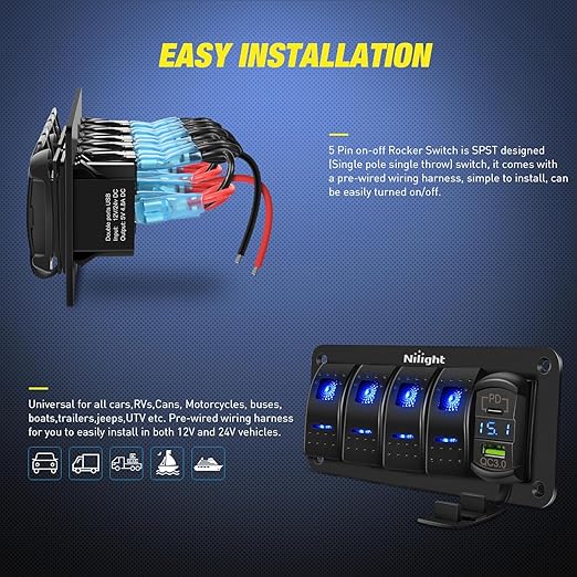 Nilight 4 Gang Rocker Switch Panel Blue Backlit with PD Type C and USB Charger Voltmeter Waterproof 12V 24V DC Switches with Night Glow Stickers for Car Trucks Boats RVs