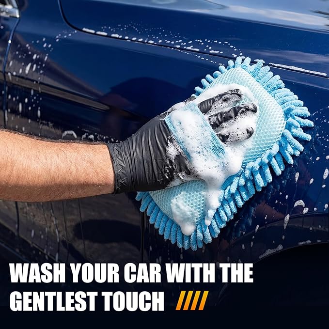 3 Pack Chenille Premium Scratch-Free Microfiber Wash Mitt Car Wash Sponges, Non-Scratch Car Cleaning Sponge Mitts, Ultra-Soft Glove, Swirl-Free Finish, Safe for Trucks, Suvs (Light Blue)