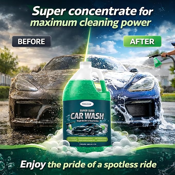 Car Wash Soap – Super Suds High Foaming- Deep Cleaning | Foam Cannon or Bucket Use | Cars, Trucks & Motorcycles |pH-Balanced, Streak-Free | Removes Dirt & Grime | Concentrated car shampoo - 1 Gallon