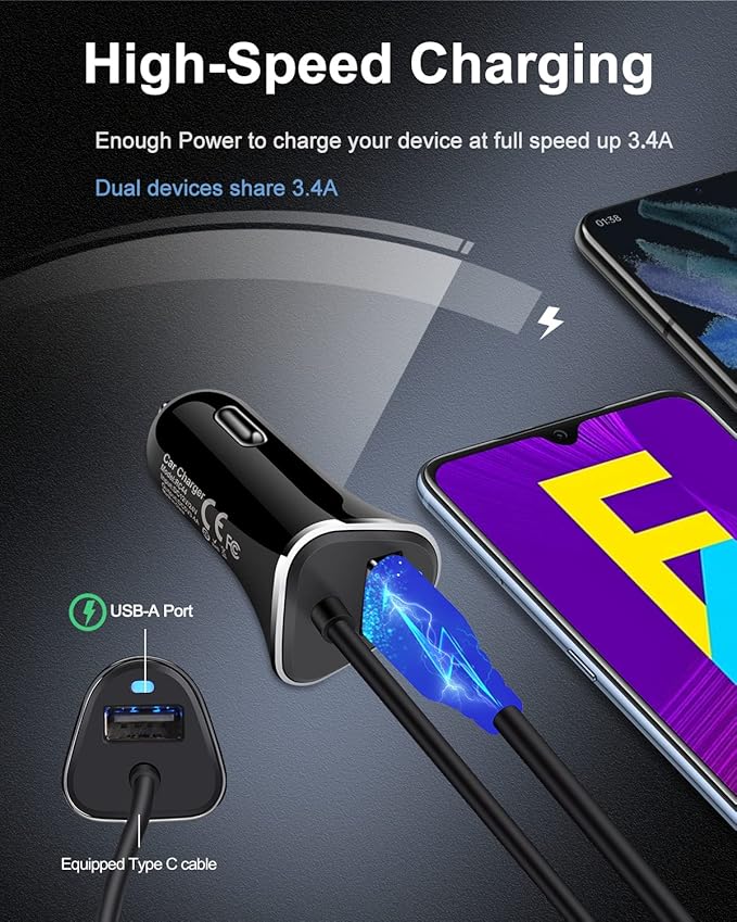 USB-C Car Charger, 3.4A USB Type C Car Charger Adapter & Fast Charge Cable Cords Cargador USBC Lighter for Samsung Galaxy S26 S25 S24 S23 S22 A17, iPhone 17e 17 16e 16 15 Pro Max Android Cigarette 12V