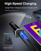 USB-C Car Charger, 3.4A USB Type C Car Charger Adapter & Fast Charge Cable Cords Cargador USBC Lighter for Samsung Galaxy S26 S25 S24 S23 S22 A17, iPhone 17e 17 16e 16 15 Pro Max Android Cigarette 12V