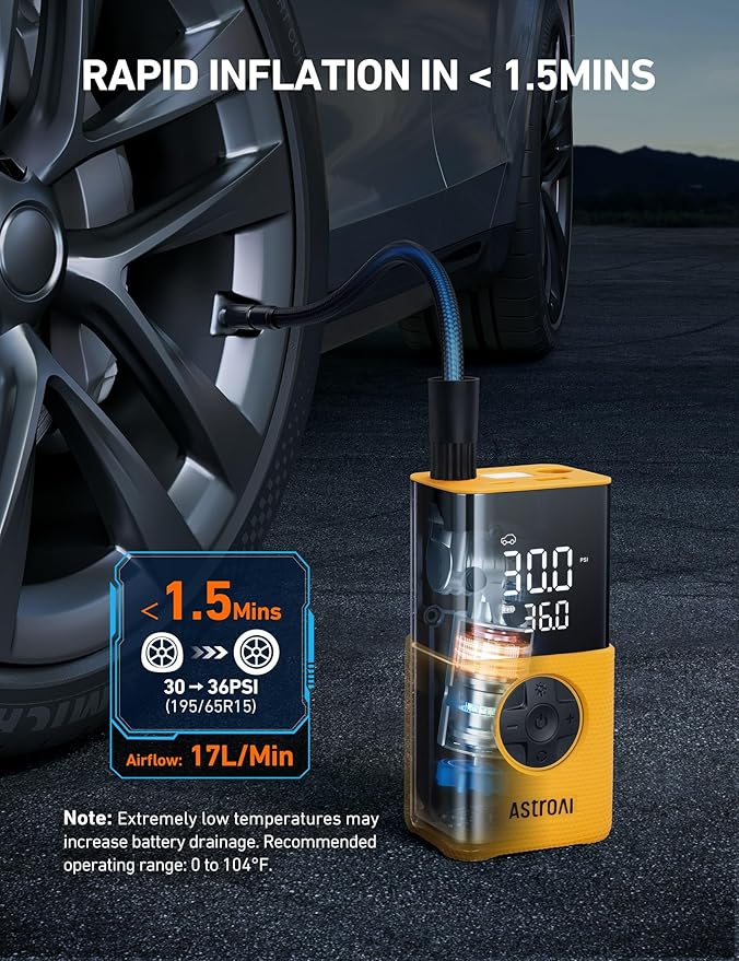 AstroAI Tire Inflator L7S Portable Air Compressor Cordless Bike Air Pump with Digital Dual Values Display, 150 PSI Car Tires Pump with LED Lights Air Pump for Auto, Motorcycles, Bikes, Balls Yellow