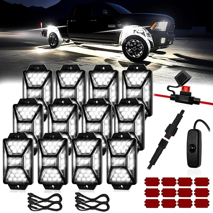 12 Pods Pure White LED Rock Lights Kit with Switch Wiring Harness,6500K 324 LEDs Bright Rock Lights for Trucks,Waterproof Underglow Light for Car Jeep Off Road ATV UTV SUV(Patented)