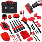 32Pcs Red Car Detailing Kit – Brush Set & Cleaning Kit with Drill Brush, Polishing/Waxing Pads, Interior/Exterior Tools for Wheels & Windshield – Portable Handbag
