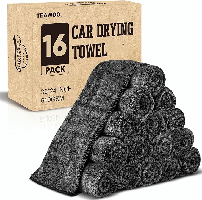 TEAWOO 16-Pack Bulk Microfiber Towels for Cars, Super Absorbent Car Drying Towel, Extra Large Car Towel (600GSM, 24" x 35")