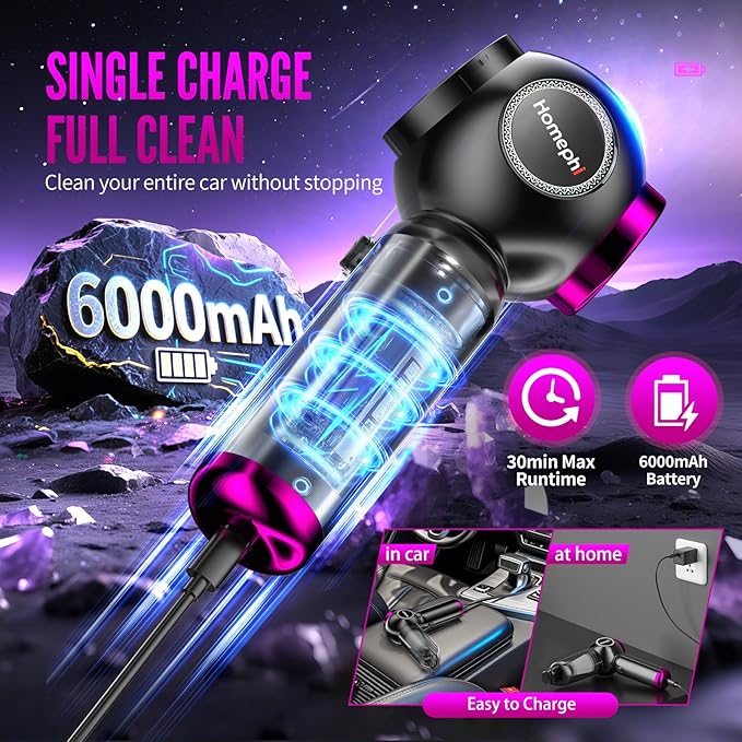 Car Vacuum Portable Cordless, 17500Pa Suction, 4 in 1 Mini Handheld Vacuum Cleaner, Ultra Lightweight, Compact Rechargeable Dust Buster Hand Vacuum, for Car Interior, Home, Pet Hair, Camping