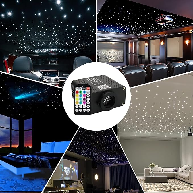 Upgraded AMKI 16W RGBW Fiber Optic Lights Kit Twinkle + Music Mode 200pcs Cables APP Remote Sound Control Car Home Starlight Headliner Ceiling Light Kit 0.75mm/0.03in 6.5ft/2m Optical Fiber Strands