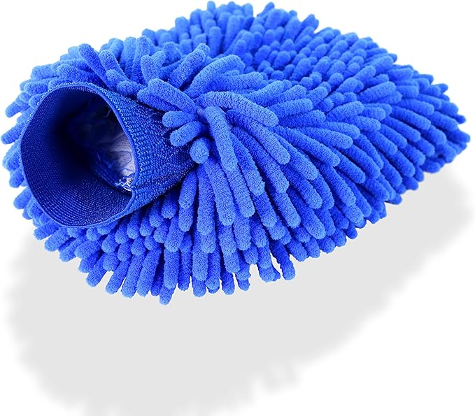 Chenille Microfiber Wash Mitt - Blue Thick and Absorbent Scratch Free Car Wash Mitt - Complete with Wheel Brush