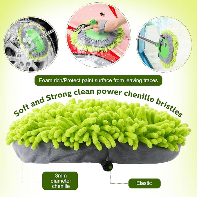 Tallew 5 Pcs Car Wash Mitt Kit, Car Clean Brush Not Included, Microfiber Mitt Clean Detail Cleaning Tools Truck Washing Chenille Scratch Free Replacement Kit for Auto RV Pickup Bus(Green)