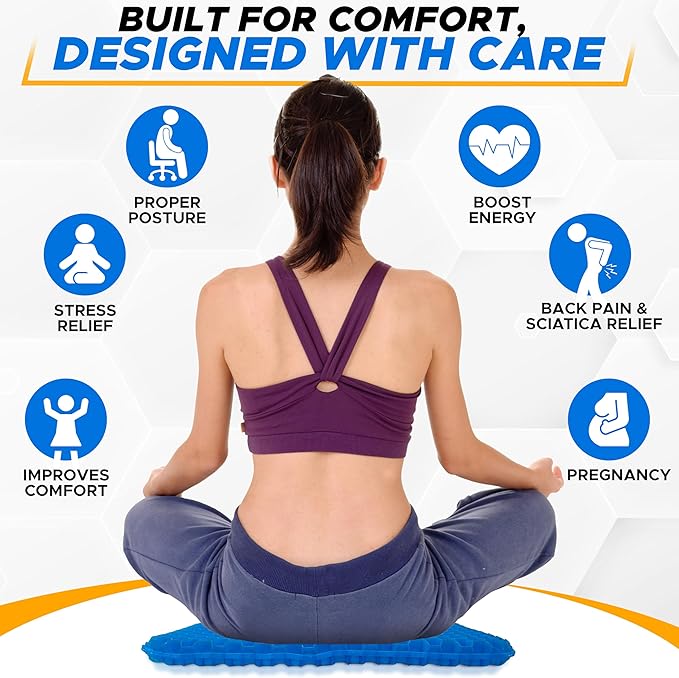 EcoNour Gel Seat Cushion for Long Sitting – Blue | Double-Layer Honeycomb Gel Cushion for Office Chair, Car & Wheelchair | Pain Relief for Tailbone, Sciatica & Back Support
