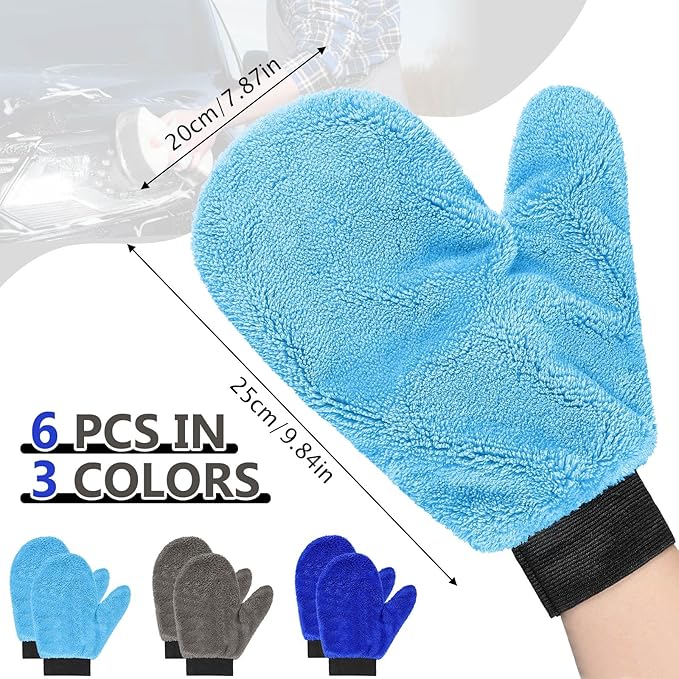 Teenyyou 6 Pcs Microfiber Dusting Mitt Car Wash Mitts Cleaning Glove with Thumb Reusable Terry Dusting Gloves with Elastic Wrist Cuff for Car Wheel Plants House Kitchen(Blue, Grey,9.84 x 7.87 Inch)