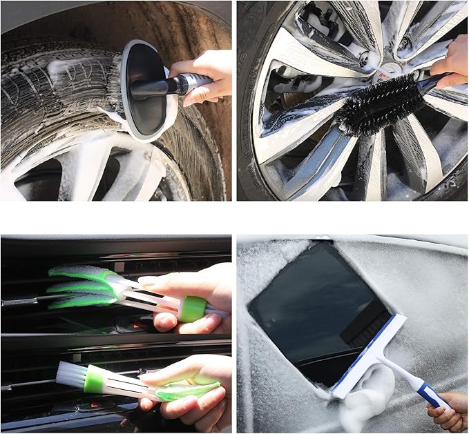 AUTODECO 22Pcs Car Wash Cleaning Tools Kit Car Detailing Set with Olive Green Canvas Bag Collapsible Bucket Wash Mitt Sponge Towels Tire Brush Window Scraper Duster Complete Interior Car Care Kit