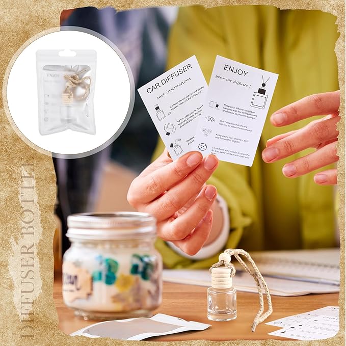 Boao 100 Sets Hanging Car Air Freshener Diffuser Bottles with Instruction Card and 4 x 6'' Resealable Holographic Bag for Empty Car Essential Oil Perfume Bottles Packaging (Cylinder)