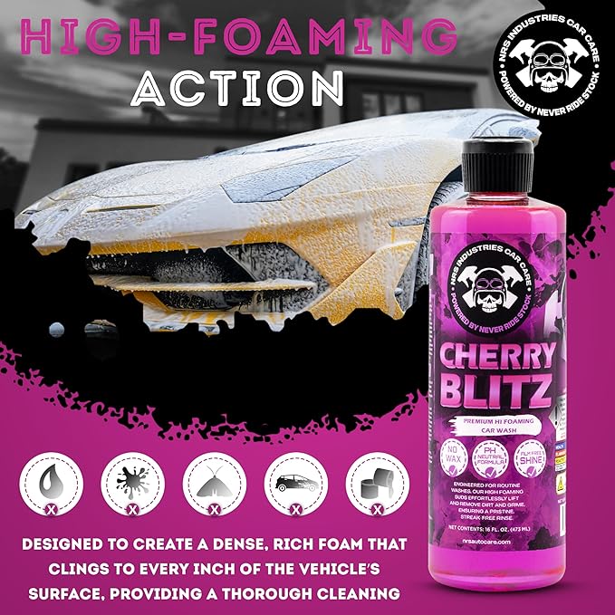 16oz Cherry Blitz Foaming Car Wash Soap | pH-Neutral Shampoo for Foam Cannons, Buckets & Pressure Washers | Safe for Ceramic & Waxed Finishes | Spot-Free Shine for Cars & Trucks