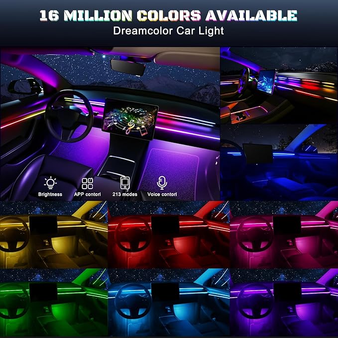 Dreamcolor Acrylic Interior Car LED Strip Light with USB/Type C/4-Port Cigarette Lighter, RGB 10 in 1 with 179.2 inches 650 LEDs Ambient Lighting Kits, Sound Active Function Neon Led Strips for Car