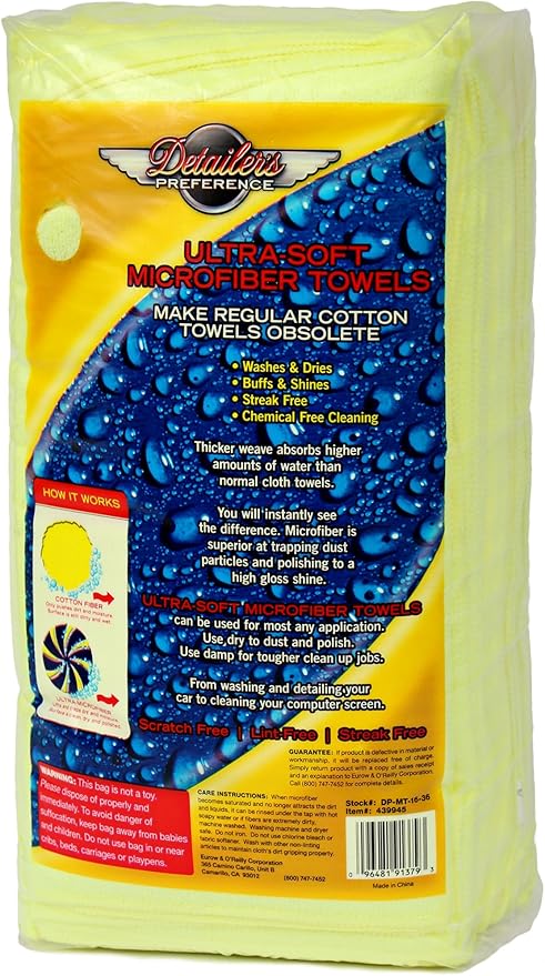 Eurow Detailer’s Preference 350 GSM Microfiber Cleaning Towels, Ultra Soft, Streak-Free, Lint-Free, Chemical-Free Detailing Cloths for Car, Home, or Commercial Use, 16x16in, 36-Pack, Yellow