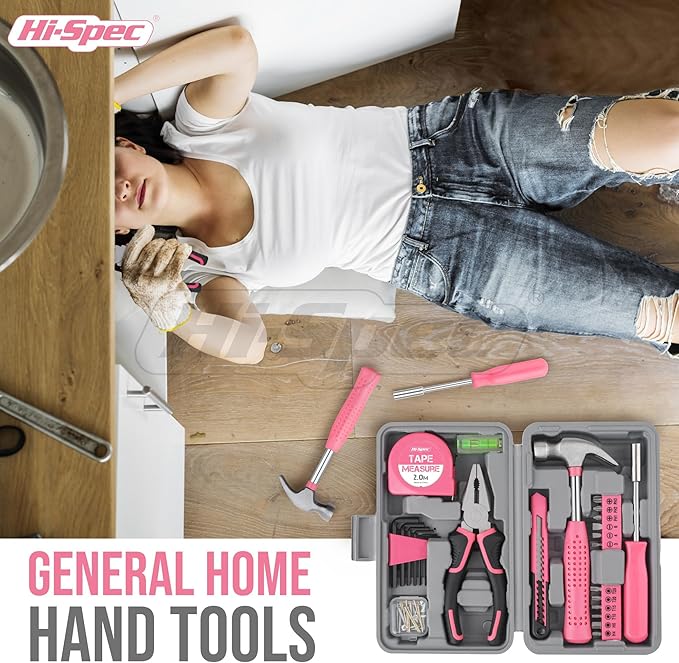 Hi-Spec Tool Set 25pc Pink Household DIY Tool Kit for Women. Small Mini Tool Box Set of Starter Basic Ladies Tools