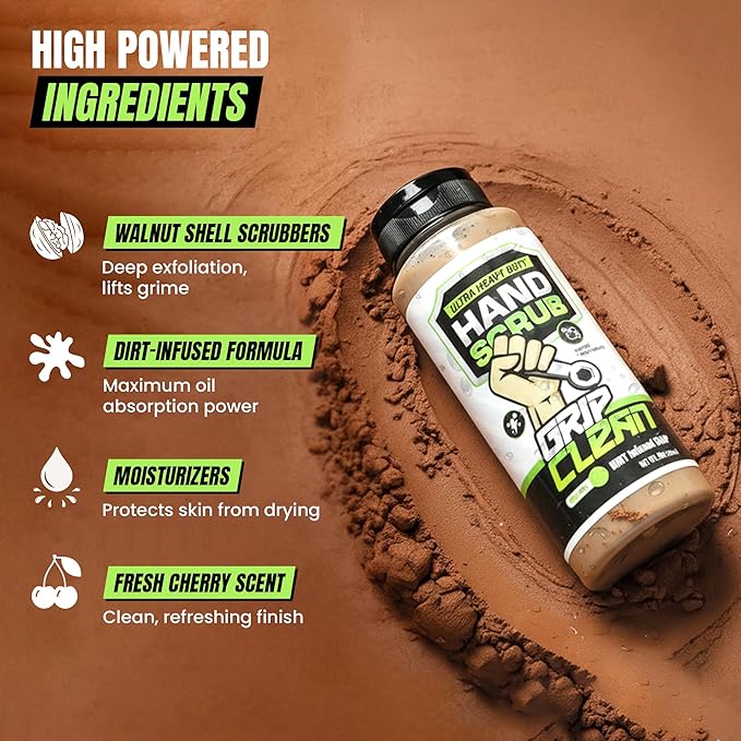 Grip Clean Ultra Heavy Duty Hand Cleaner for Mechanics – Walnut Shell & Clay-Infused Technology Removes Grease, Oil & Paint – Pro-Grade Industrial Hand Soap with Cherry Scent - 8 Fl Oz