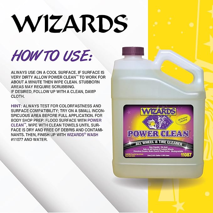 Wizards Power Clean Wheel and Tire Cleaner - Non Caustic and No Acid Biodegradable Interior Cleaning Supplies - Safe on All Kinds of Wheels - Dissolves Grease, Brake Dust and Road Grime - 1 Gallon