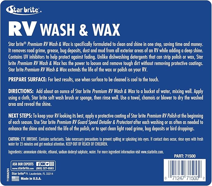 STAR BRITE RV Wash & Wax - Concentrated Cleaner - Cleans & Shines in One Easy Step + Repels Future Stains & Protects from UV Damage 128 Oz (71500)