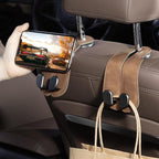 CoBak Purse Hook for Car - Universal Premium Stitched Leather and Aluminum-Magnesium Alloy Double Car Seat Back Storage Hook for Purses, Handbags, Bags (2 Pack),Brown