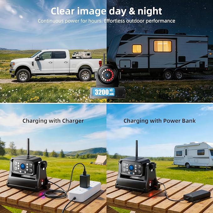 Magnetic RV Wireless Backup Camera, HD 1080P 10" Loop Recording Monitor, 2-Rear View 2-Side View Cameras Wireless System for RV Trailer Trucks, Built-in 9600mAh Battery, Night Vision- ZEROXCLUB BC104