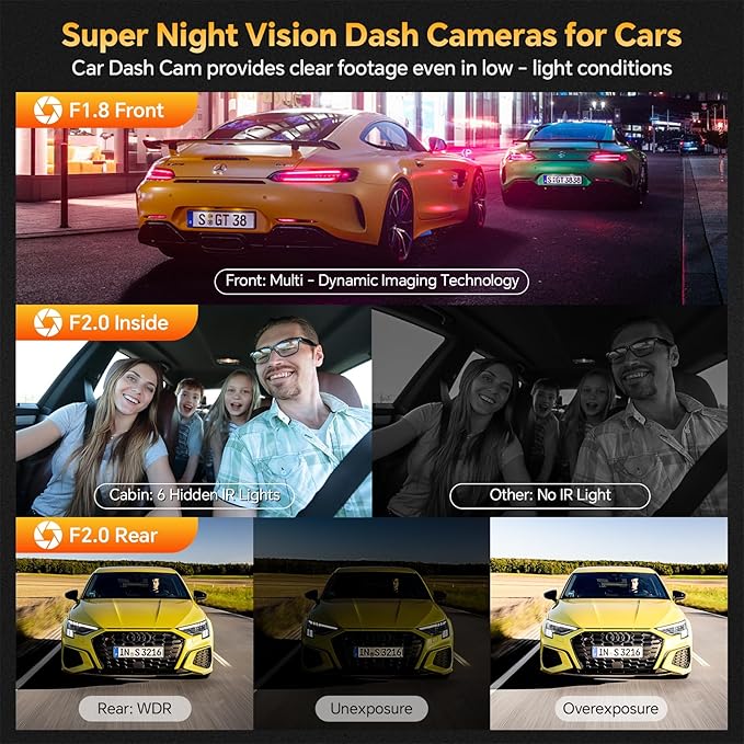 3 Channel 4K Dash Cam Front Rear and Inside with 5G WiFi & APP Control, 4K/2.5K+1080P+1080P Dashcam for Car, Dash Camera with 64GB Card, 24H Parking Monitor, Night Vision, Loop Recording, G-Sensor