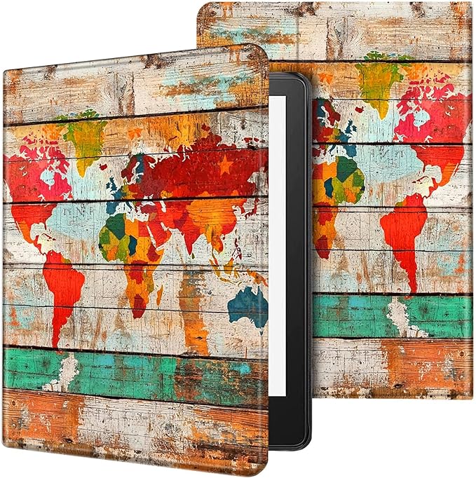 Case for 7" Kindle Paperwhite 12th Generation 2024 & Kindle Colorsoft Signature Edition,Leather Folio Adjustable Stand Cover Auto Wake/Sleep for Kindle Paperwhite 2024,Wood World Map