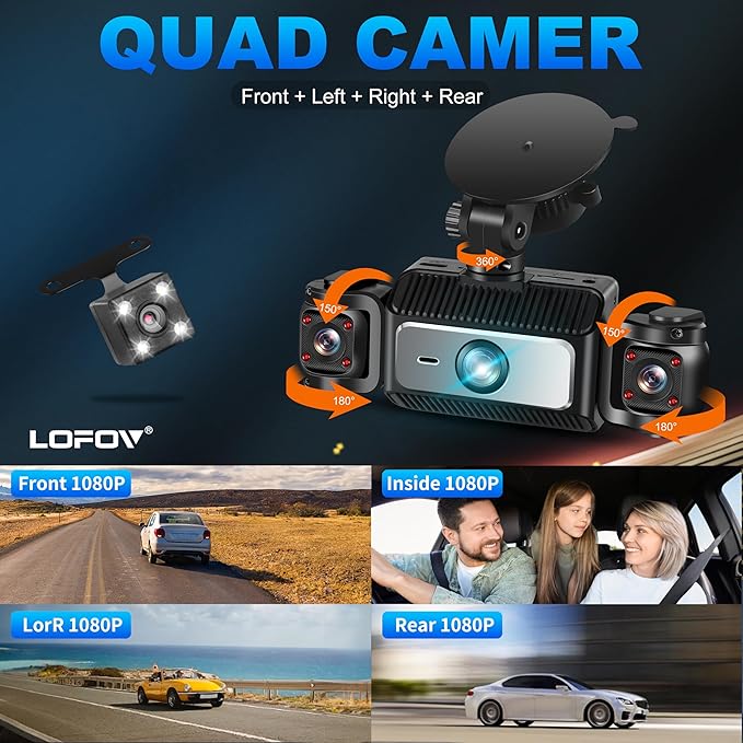 4 Channel Dash Cam 360° View, LOFOV 1080P Front and Rear Inside, Left Right Dash Camera for Cars, Free 64GB SD Card,Multi-Ch Dash Camera, Black Box Trafflc Recorder,Night Vision,24H Parking Mode