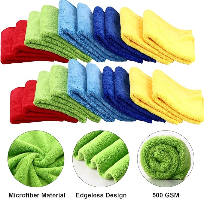 Shimeyao 30 Pcs 16 x 16 Inch Edgeless Microfiber Plush Towels for Cars Detailing Drying Wash Polishing Absorbent Cleaning Cloths, 500 GSM (Multicolor)