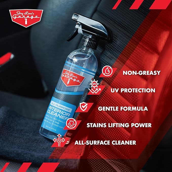 Jay Leno's Garage All Purpose Interior Cleaner Spray for Cars Trucks SUVs and Motorcycles Cleans Leather Vinyl Plastic Wood Grain and Screens Protects with UV Inhibitors 16 oz (16 oz (Pack of 2))