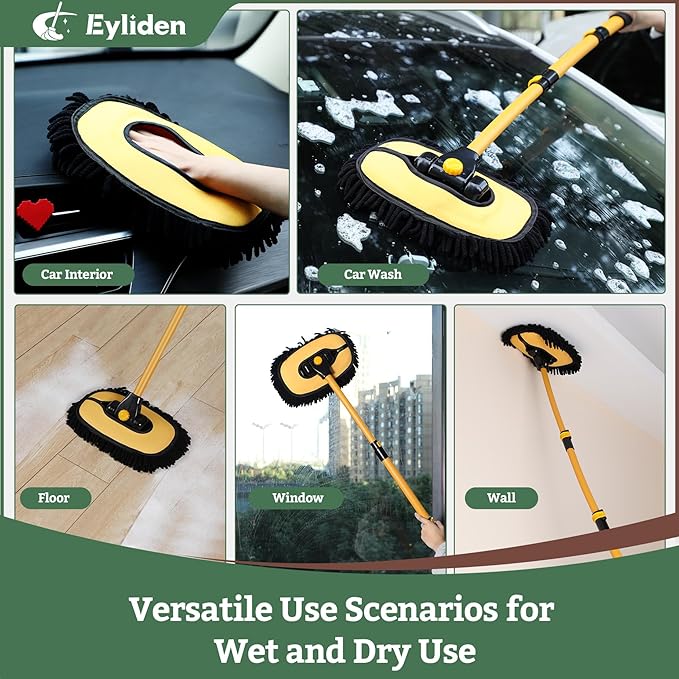 Eyliden Car Wash Brush Mop with Long Handle, 180° Swivel Head with 45° Angle Lock, 2 Scratch-Free Microfiber Heads, Car Detailing Kit for Car Truck RV, Yellow & Black