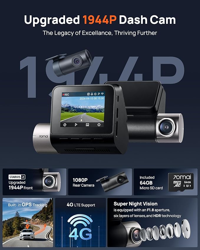 70mai Dash Cam Front and Rear A510,1944P+1080P with STARVIS 2 IMX675 and 64GB Card, Dash Camera for Cars, 4G LTE Support, ADAS, Built-in GPS WiFi, APP Control, HDR, 24H Parking Mode, Loop Recording