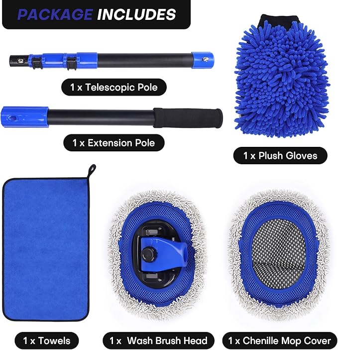 Ultimate Car Wash Brush with Long Handle | 15-Degree Curved Pole Design | Microfiber Brush Head | Adjustable Length | Wide Applications for Car, RV, Truck, Pickup | Car Wash Kit (Blue-Extended)