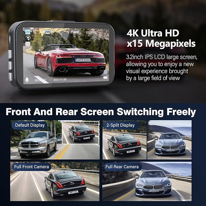 Miden 4K+4K Dash Cam Front and Rear,Free 64G SD Card,2160P+2160P UHD Dual Dash Camera for Cars,176°+160°Wide Angle,3.5'' IPS Screen Dashcam,Loop Recording,G-Sensor,WDR,Night Vision,24H Parking Monitor