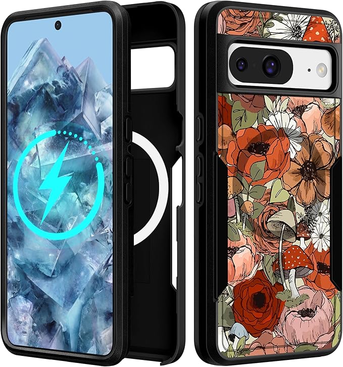 for Google Pixel 8 Case 6.2 Inch - Compatible with MagSafe Women Girls Cute Magnetic Protective Cover Girly Mushroom Flower Heavy Duty Shockproof Design for Google Pixel 8 Phone Cases