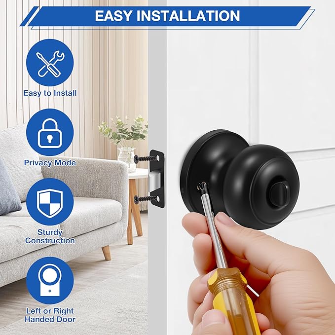 Plustool 6 Pack Matte Black Door Knobs, Privacy Door Knob with Lock, Interior Doorknobs with Round Ball, Keyless Door Lockset for Bedrooms Bathrooms