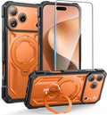 FNTCASE for iPhone 17 Pro Case: [360 Spin Magnetic Ring Kickstand] [Compatible for MagSafe] [Screen Protector] Heavy Duty Military Grade Protection Protective Phone Case with Stand Translucent Orange
