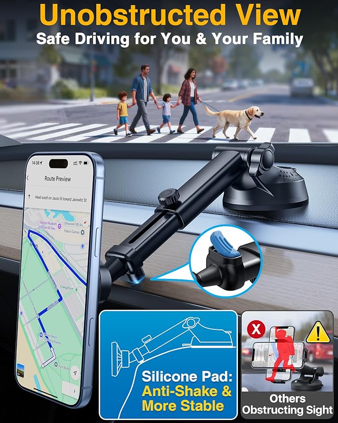 YRU [2026 Military-Grade] for Magsafe Car Mount [90+LBS Strong Suction] 360° Adjustable Magnetic Phone Holder for Car Dashboard Windshield Vent, Cradle for iPhone 17 16 15 14 13 12 Samsung, Black